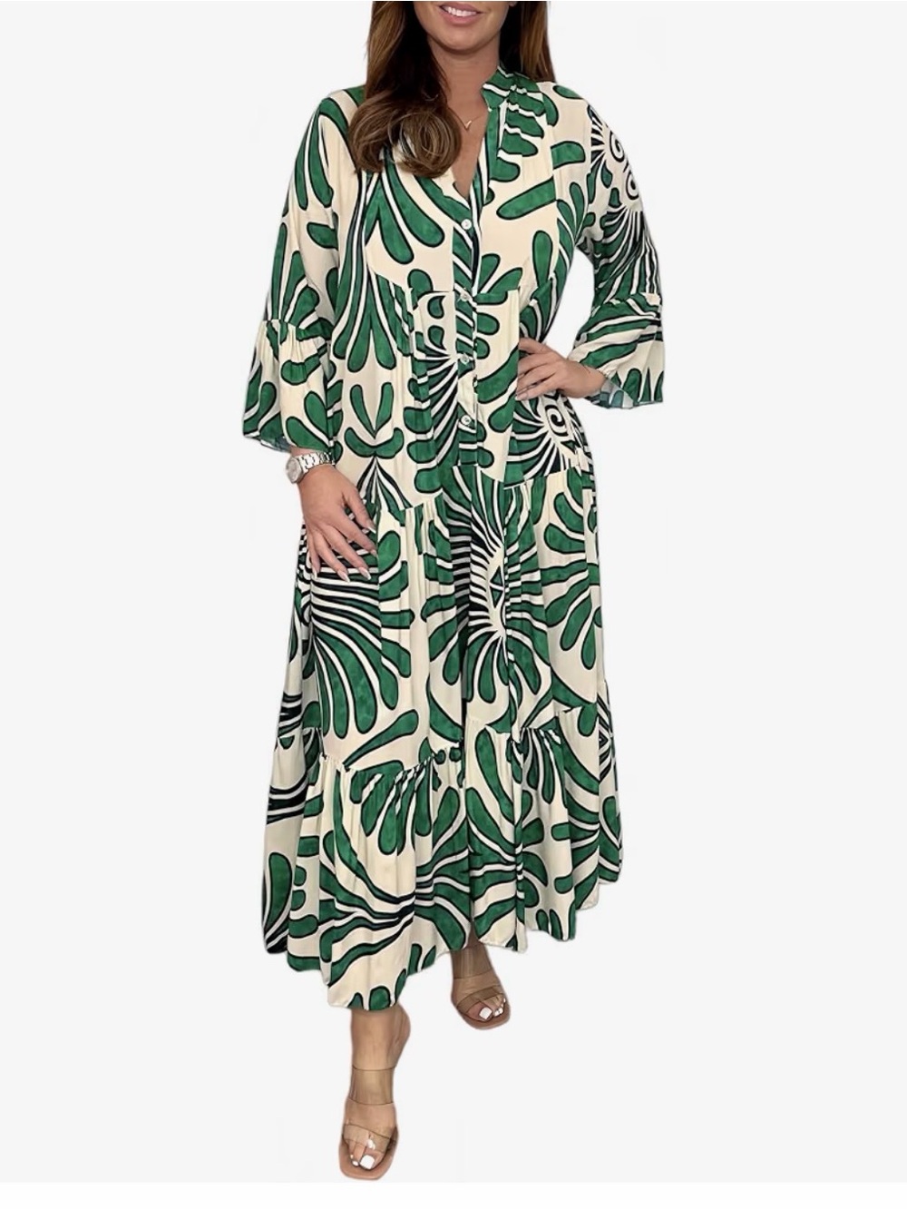 SHEIN Cream Maxi Dress with Green Leaf Print